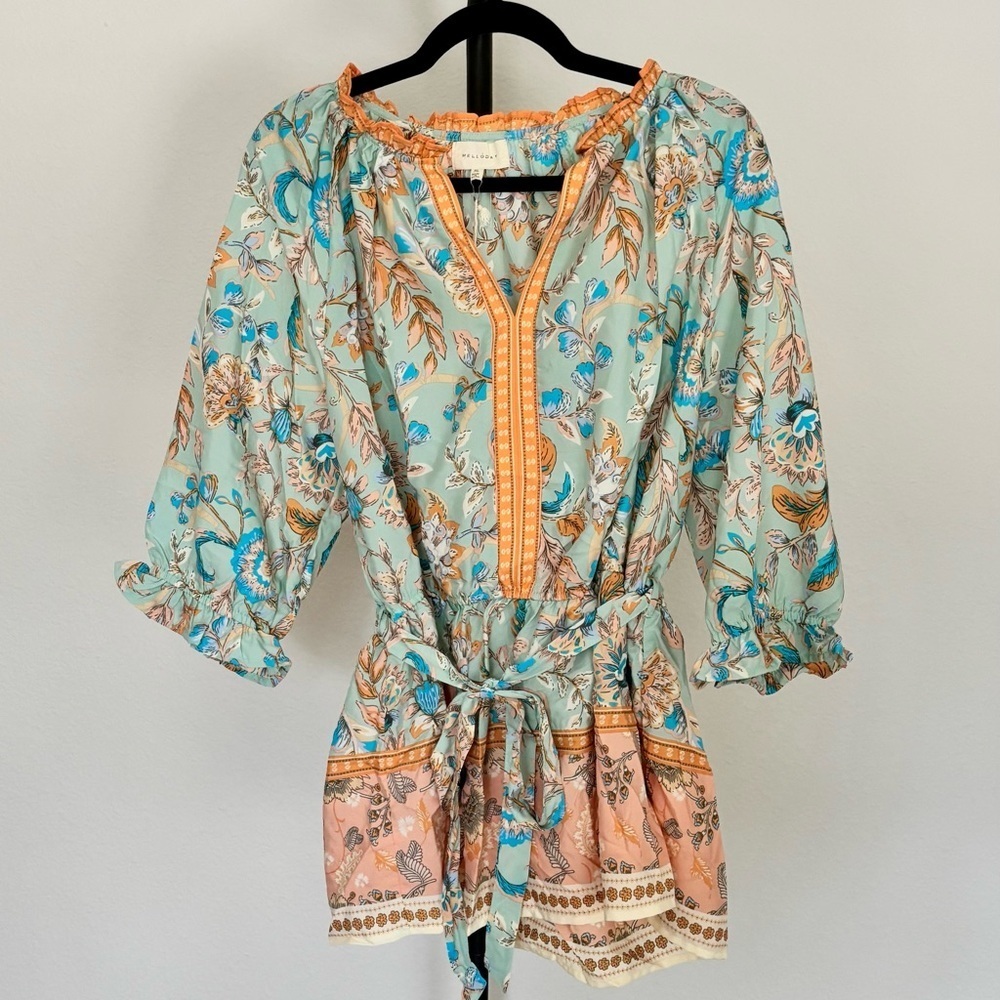 MELLODAY Floral Blouse Blue, Peach Mint Boho 3/4 Sleeve Size 12